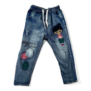 Cone Denim Patchwork Harem Jeans Embroidered Cartoon Character Distressed Blue